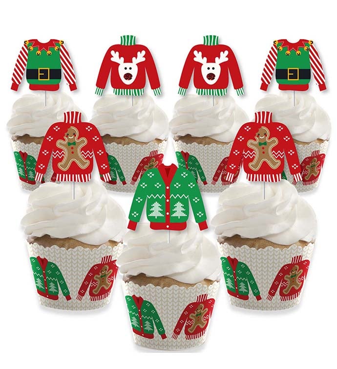 Ugly Sweater - Christmas Party Cupcake Wrappers & Treat Picks Kit - 24 Ct